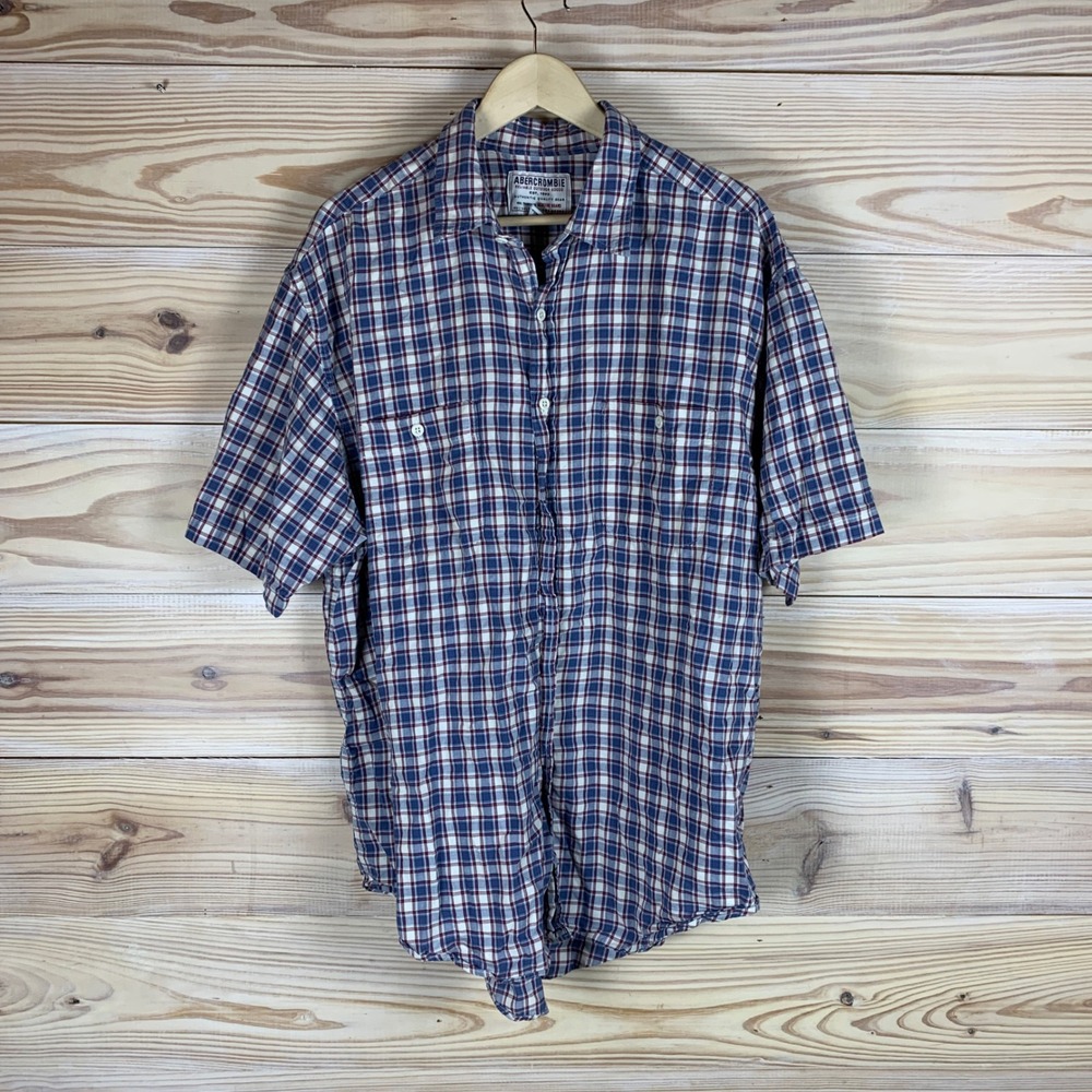 Abercrombie Shirt Mens Large Red White Blue Plaid Y2K Preppy Button Down Pocket